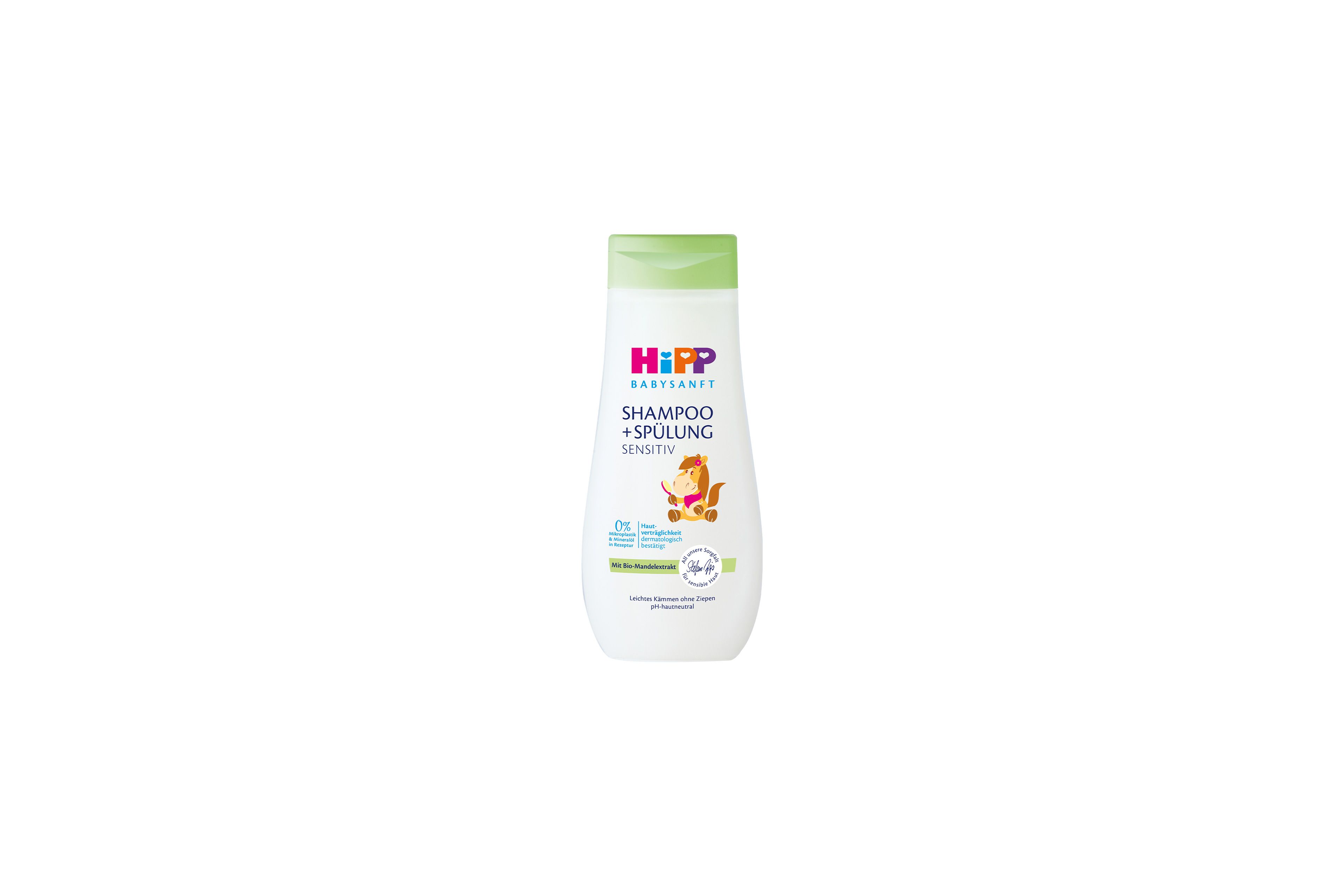 HiPP Babysanft Shampoo + Spülung Sensitiv Flasche mit grünem Deckel und Eichhörnchenmotiv auf weißem Hintergrund