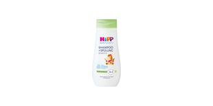 HiPP Babysanft Shampoo + Spülung Sensitiv Flasche mit grünem Deckel und Eichhörnchenmotiv auf weißem Hintergrund