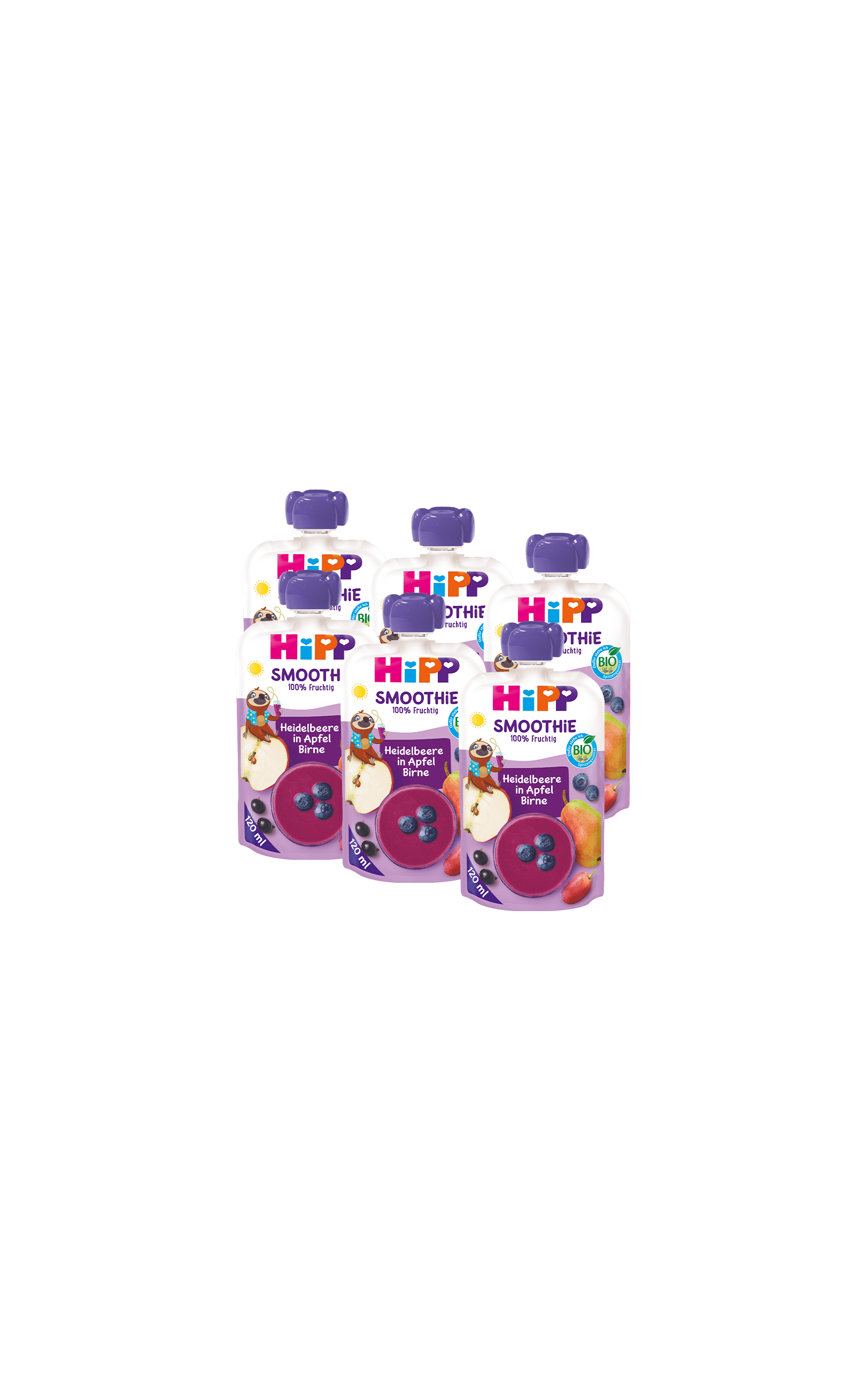 Sechserpack HiPP Smoothie-Quetschbeutel Heidelbeere in Apfel Birne, 6×120 ml, vor schwarzem Hintergrund