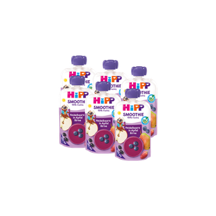 Sechserpack HiPP Smoothie-Quetschbeutel Heidelbeere in Apfel Birne, 6×120 ml, vor schwarzem Hintergrund