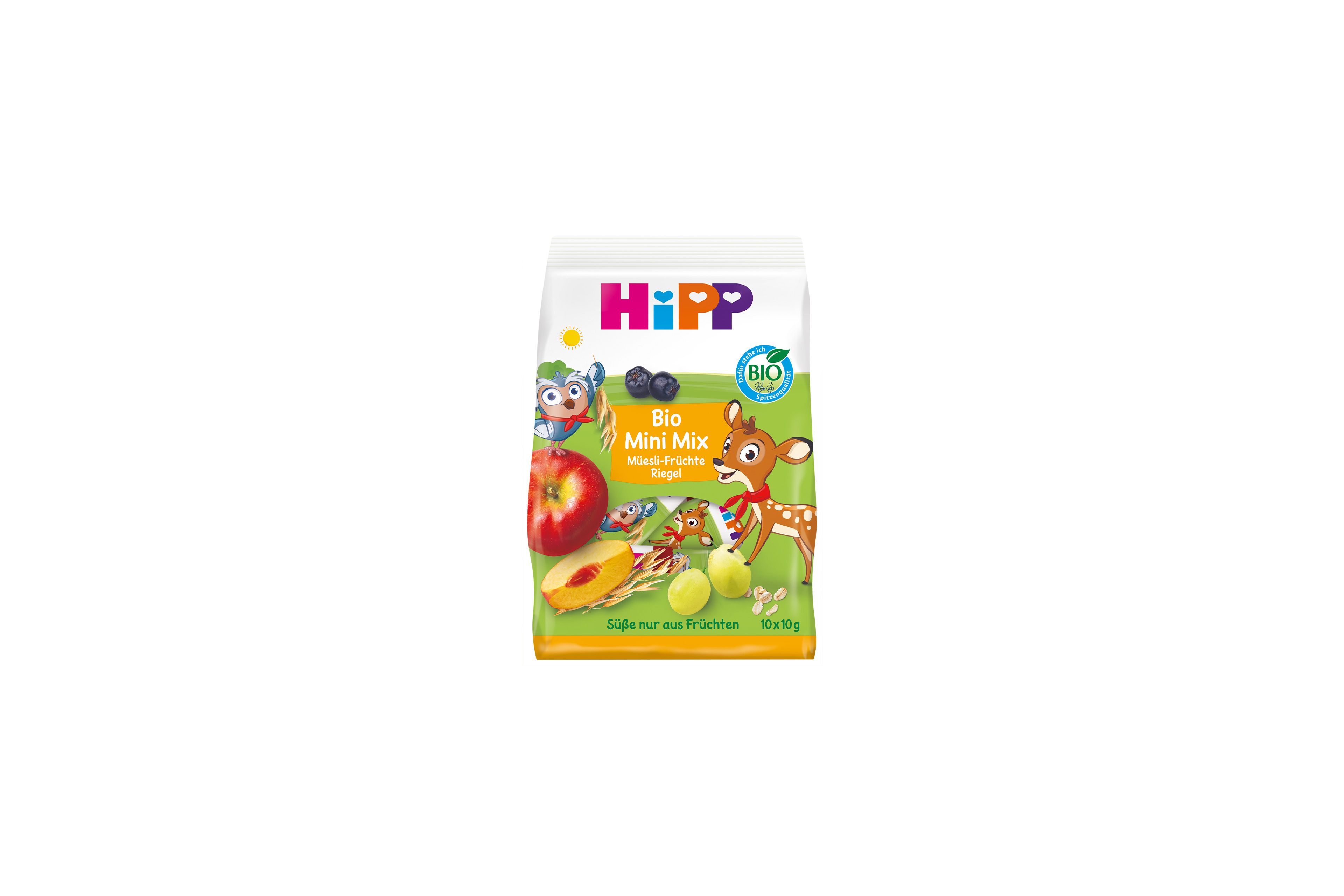 HiPP Bio Mini Mix Müesli Früchte Riegel Packung mit bunten Fruchtmotiven und Tierillustrationen auf weiß-grünem Hintergrund