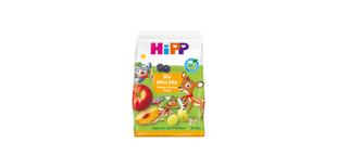 HiPP Bio Mini Mix Müesli Früchte Riegel Packung mit bunten Fruchtmotiven und Tierillustrationen auf weiß-grünem Hintergrund