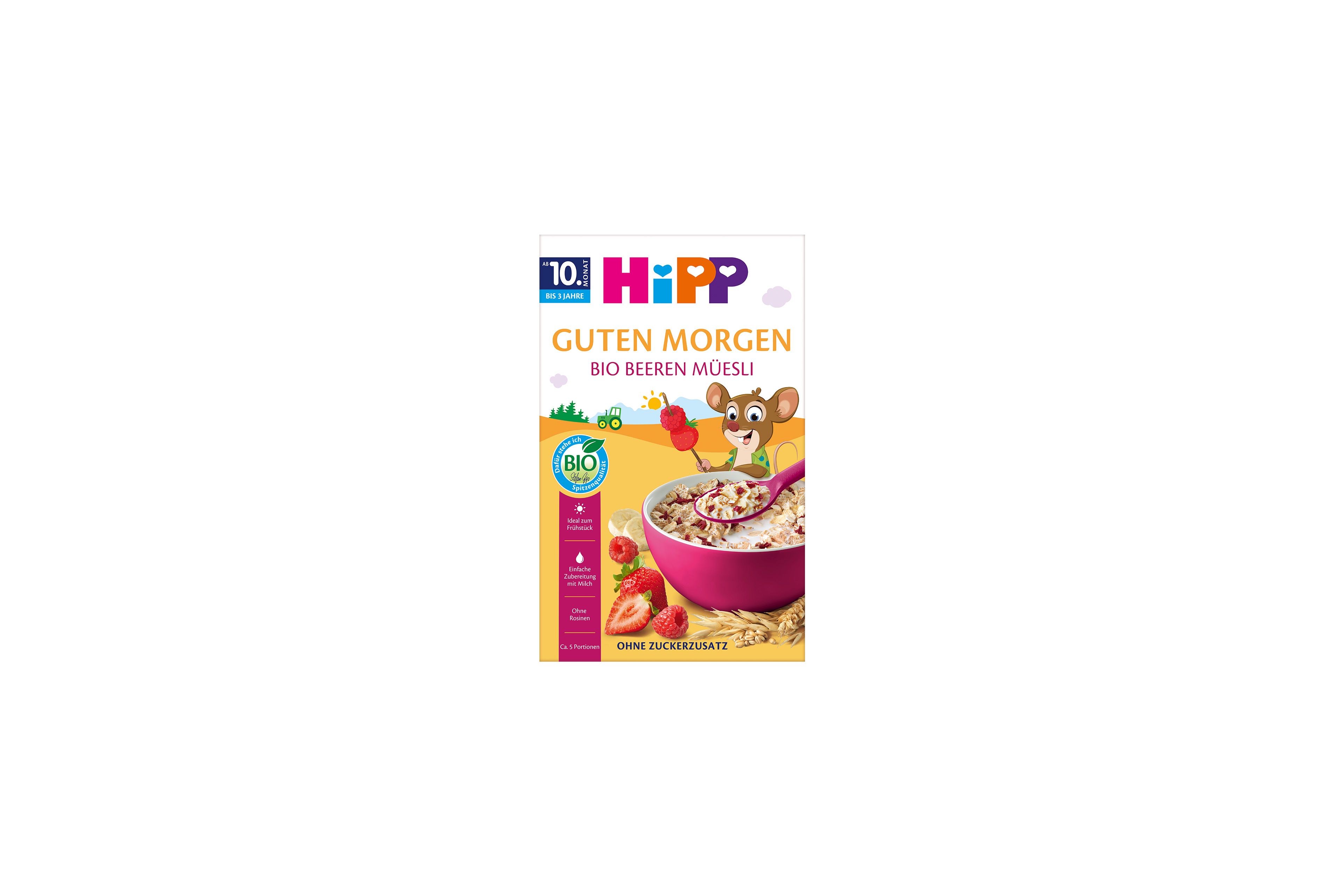 HiPP Guten Morgen Bio Beeren-Müesli Packung mit rosa Müslischale, Beerenstückchen und fröhlicher Maus-Illustration