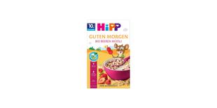 HiPP Guten Morgen Bio Beeren-Müesli Packung mit rosa Müslischale, Beerenstückchen und fröhlicher Maus-Illustration