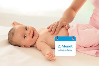 Ein Baby liegt auf einer weichen Unterlage, die Hand einer Person berührt sanft seinen Rücken, begleitet von einer kalenderähnlichen Grafik mit der Aufschrift "2. Monat mit dem Baby".