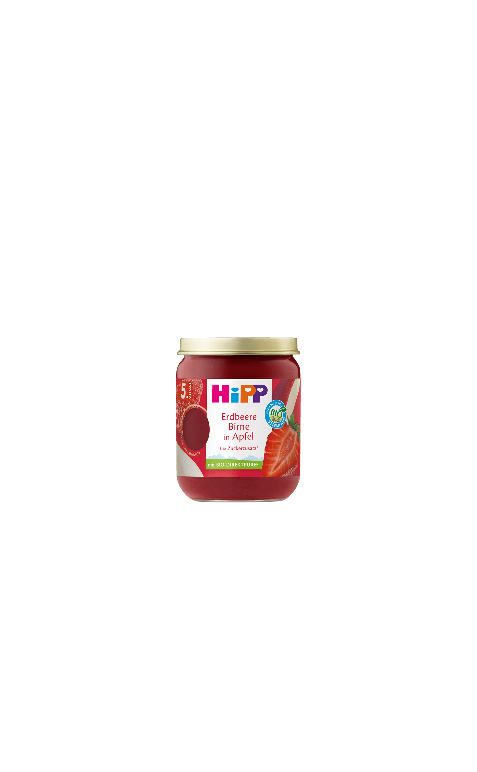 HiPP Erdbeere Birne in Apfel Bio-Früchteglas für Babys ab dem 5. Monat, rotes Püree im Glas mit goldfarbenem Deckel