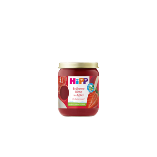 HiPP Erdbeere Birne in Apfel Bio-Früchteglas für Babys ab dem 5. Monat, rotes Püree im Glas mit goldfarbenem Deckel