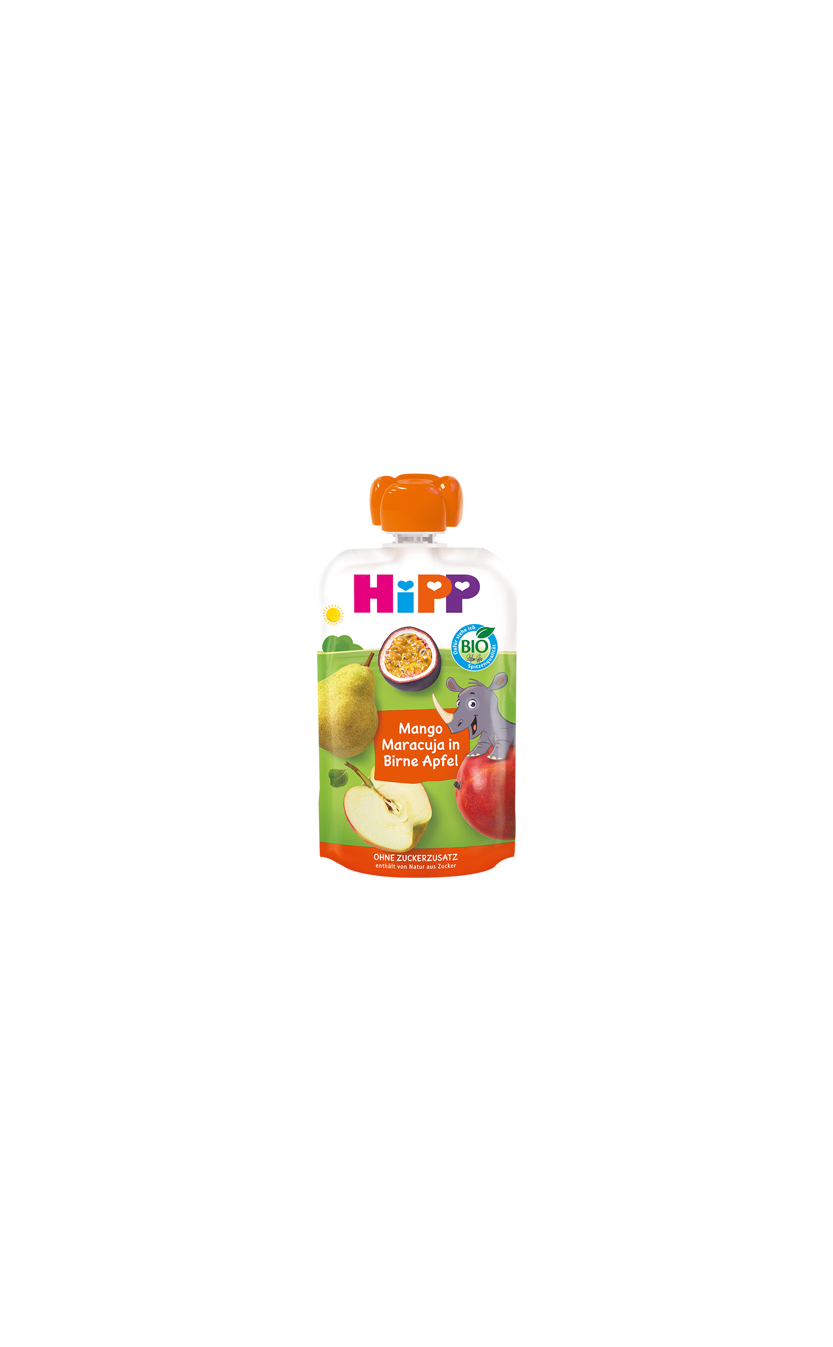 HiPP Bio-Quetschbeutel Mango Maracuja in Birne Apfel, bunter Fruchtpüree-Snack ab 1 Jahr ohne Zuckerzusatz