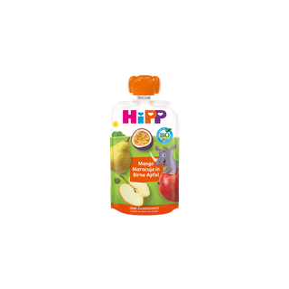HiPP Bio-Quetschbeutel Mango Maracuja in Birne Apfel, bunter Fruchtpüree-Snack ab 1 Jahr ohne Zuckerzusatz