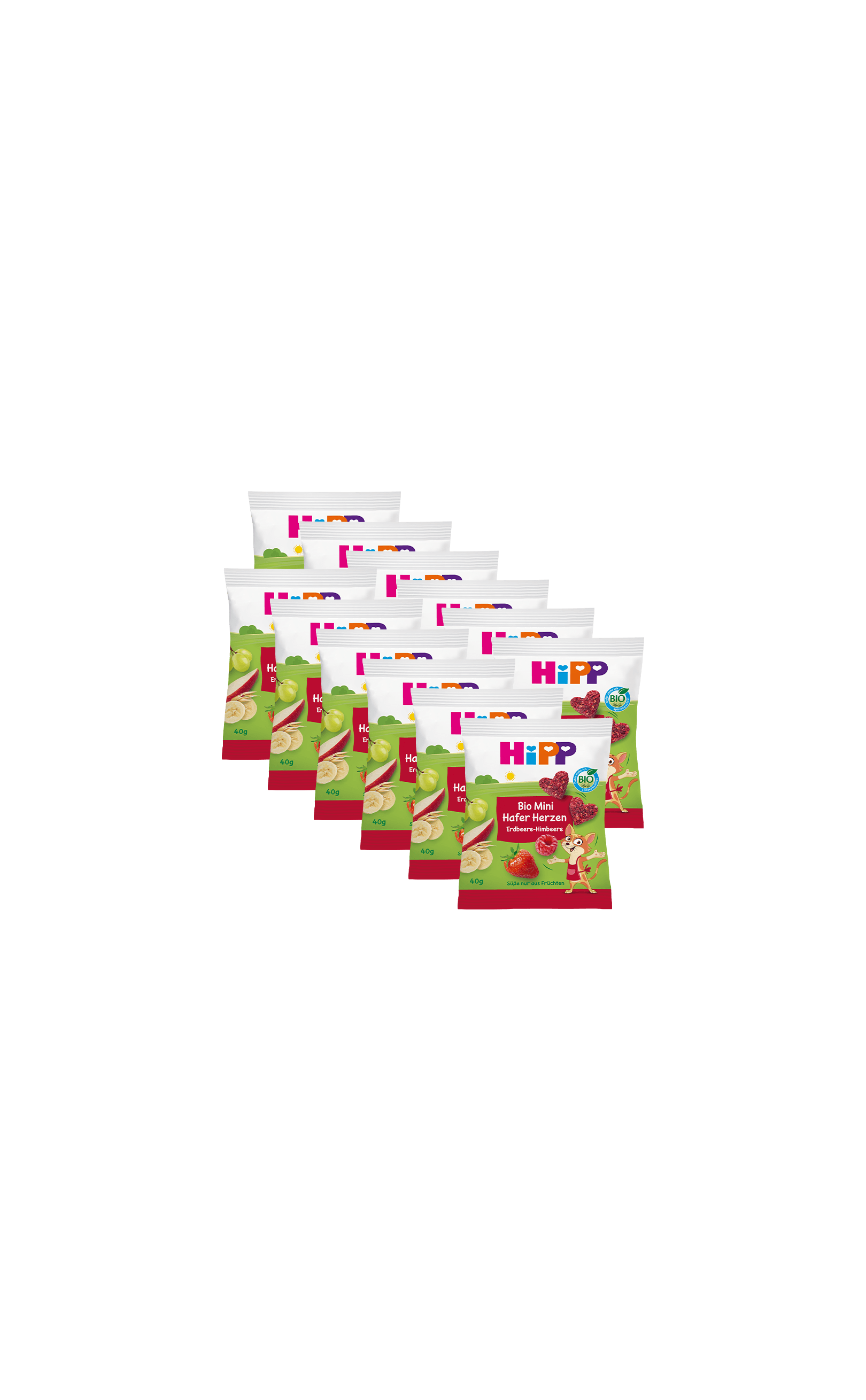12er-Pack HiPP Bio Mini Hafer Herzen Erdbeer-Himbeere Snacks in 40g Beuteln auf schwarzem Hintergrund