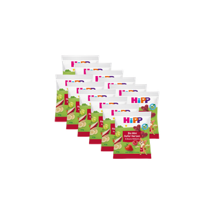 12er-Pack HiPP Bio Mini Hafer Herzen Erdbeer-Himbeere Snacks in 40g Beuteln auf schwarzem Hintergrund