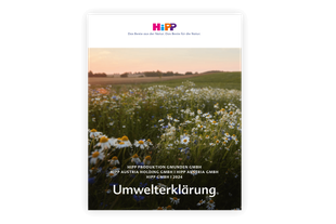 Älterer Mann und kleines Kind lachen gemeinsam auf einer blühenden Wiese bei Sonnenuntergang, HiPP Verantwortungsbericht-Cover.