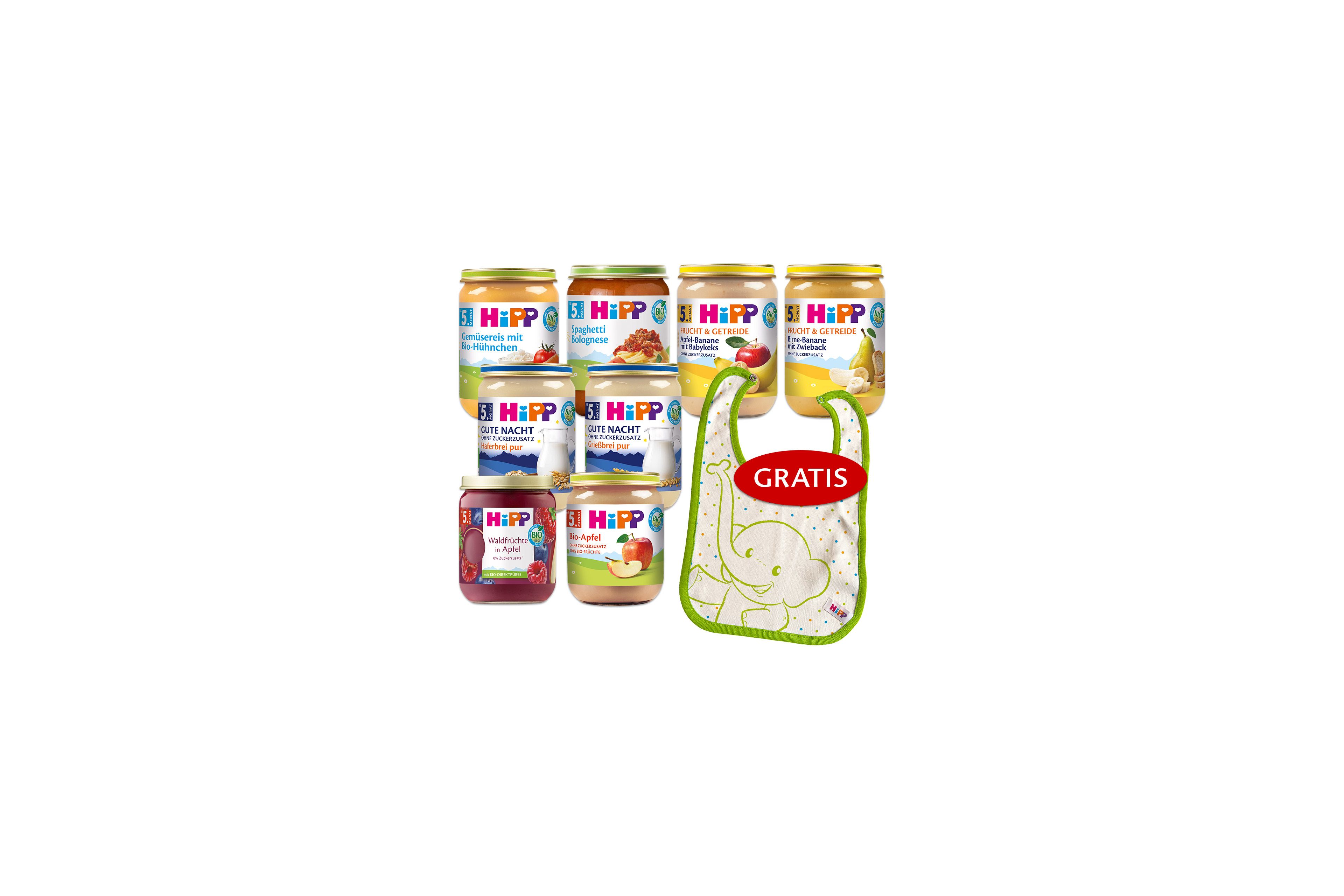 HiPP Beikost-Starterpaket mit mehreren Bio-Breigläsern und gratis Lätzchen mit Elefantenmotiv auf weißem Hintergrund