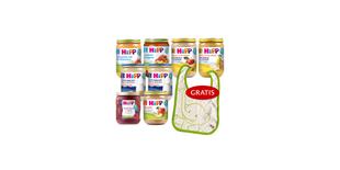 HiPP Beikost-Starterpaket mit mehreren Bio-Breigläsern und gratis Lätzchen mit Elefantenmotiv auf weißem Hintergrund