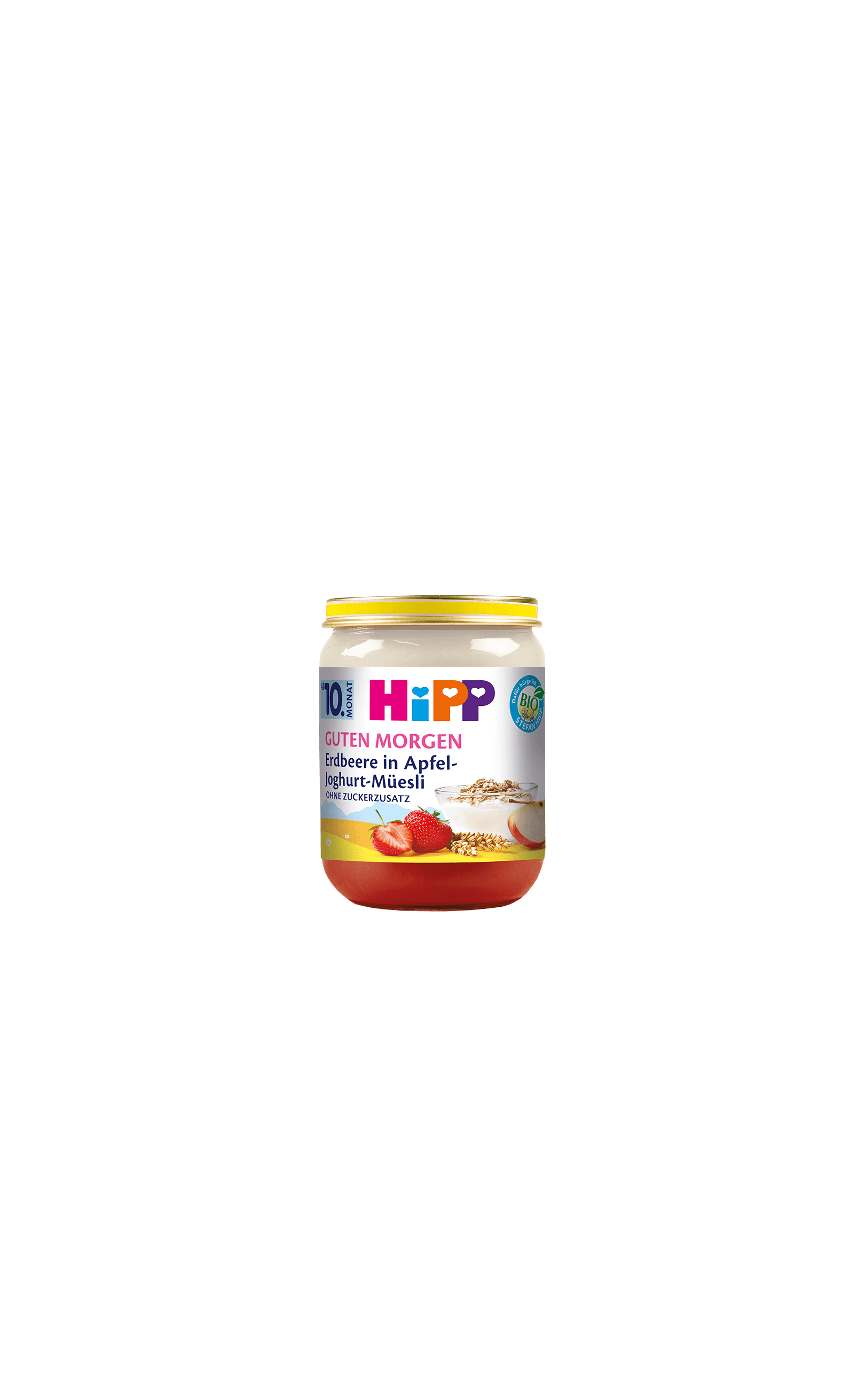 HiPP Guten Morgen Erdbeere in Apfel-Joghurt-Müesli Bio-Gläschen für Babys ab 10 Monaten vor schwarzem Hintergrund