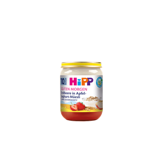 HiPP Guten Morgen Erdbeere in Apfel-Joghurt-Müesli Bio-Gläschen für Babys ab 10 Monaten vor schwarzem Hintergrund