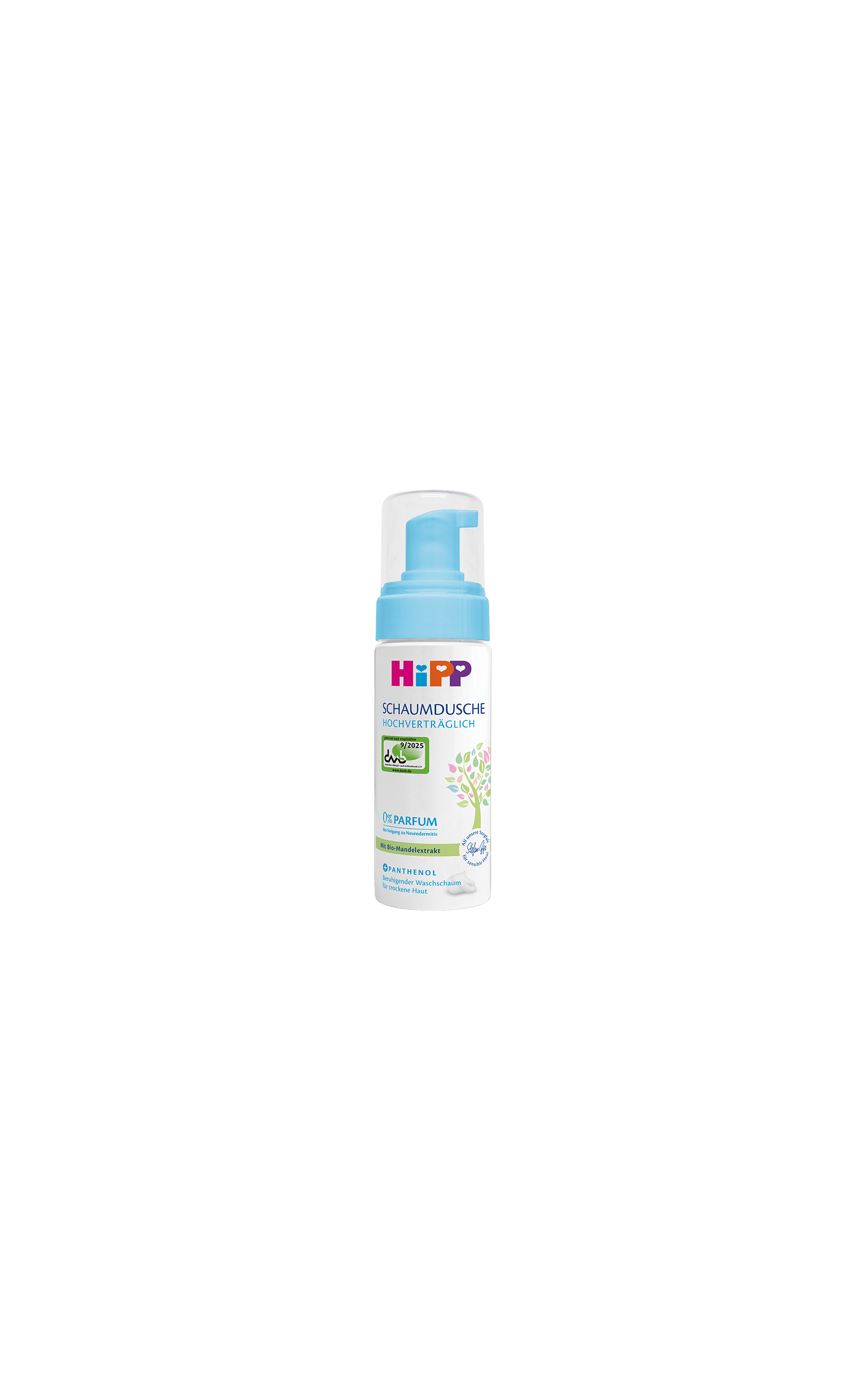HiPP Schaumdusche sensitiv 150 ml mit Pumpspender, parfümfrei, für empfindliche Baby- und Erwachsenenhaut auf schwarzem Hintergrund