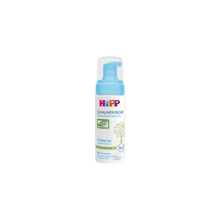 HiPP Schaumdusche sensitiv 150 ml mit Pumpspender, parfümfrei, für empfindliche Baby- und Erwachsenenhaut auf schwarzem Hintergrund