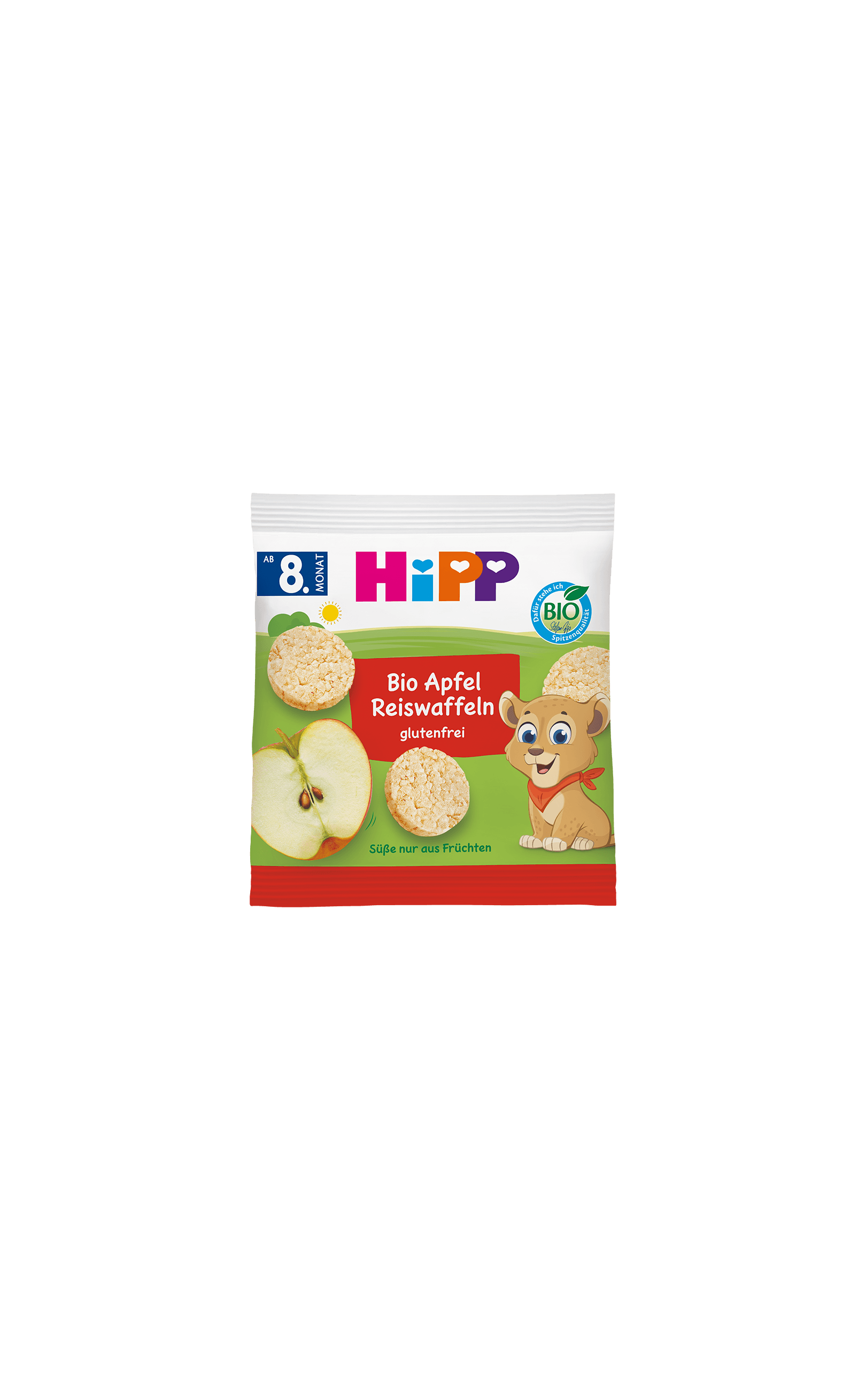 HiPP Bio Apfel Reiswaffeln Packung mit Reiswaffeln, Apfelscheiben und Baby-Tierfigur, glutenfrei, ab 8. Monat