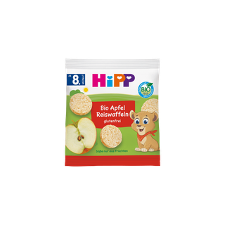 HiPP Bio Apfel Reiswaffeln Packung mit Reiswaffeln, Apfelscheiben und Baby-Tierfigur, glutenfrei, ab 8. Monat