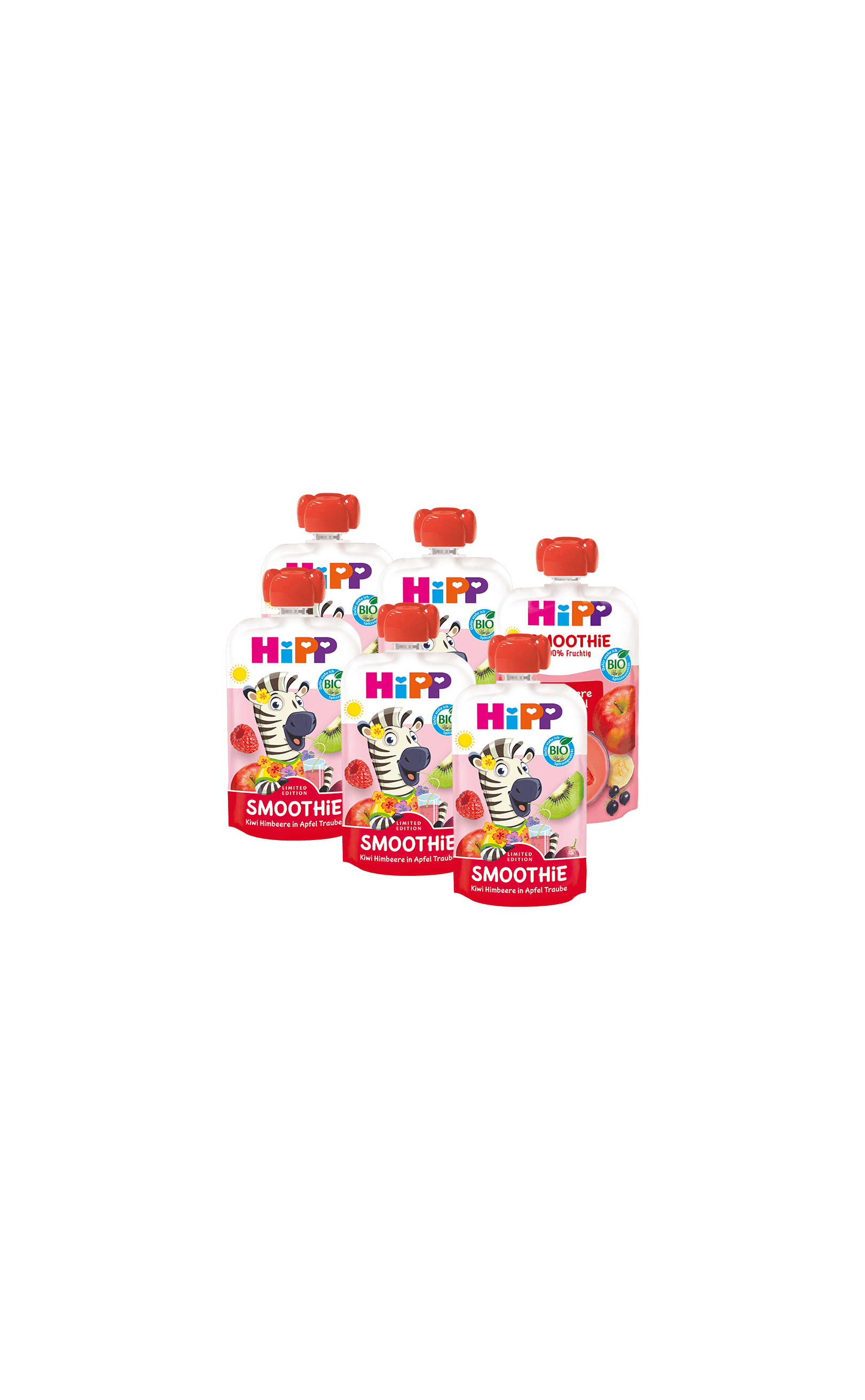 HiPP Bio Smoothie Quetschbeutel 8x100g mit Zebra-Motiv, fruchtiger Snack für unterwegs