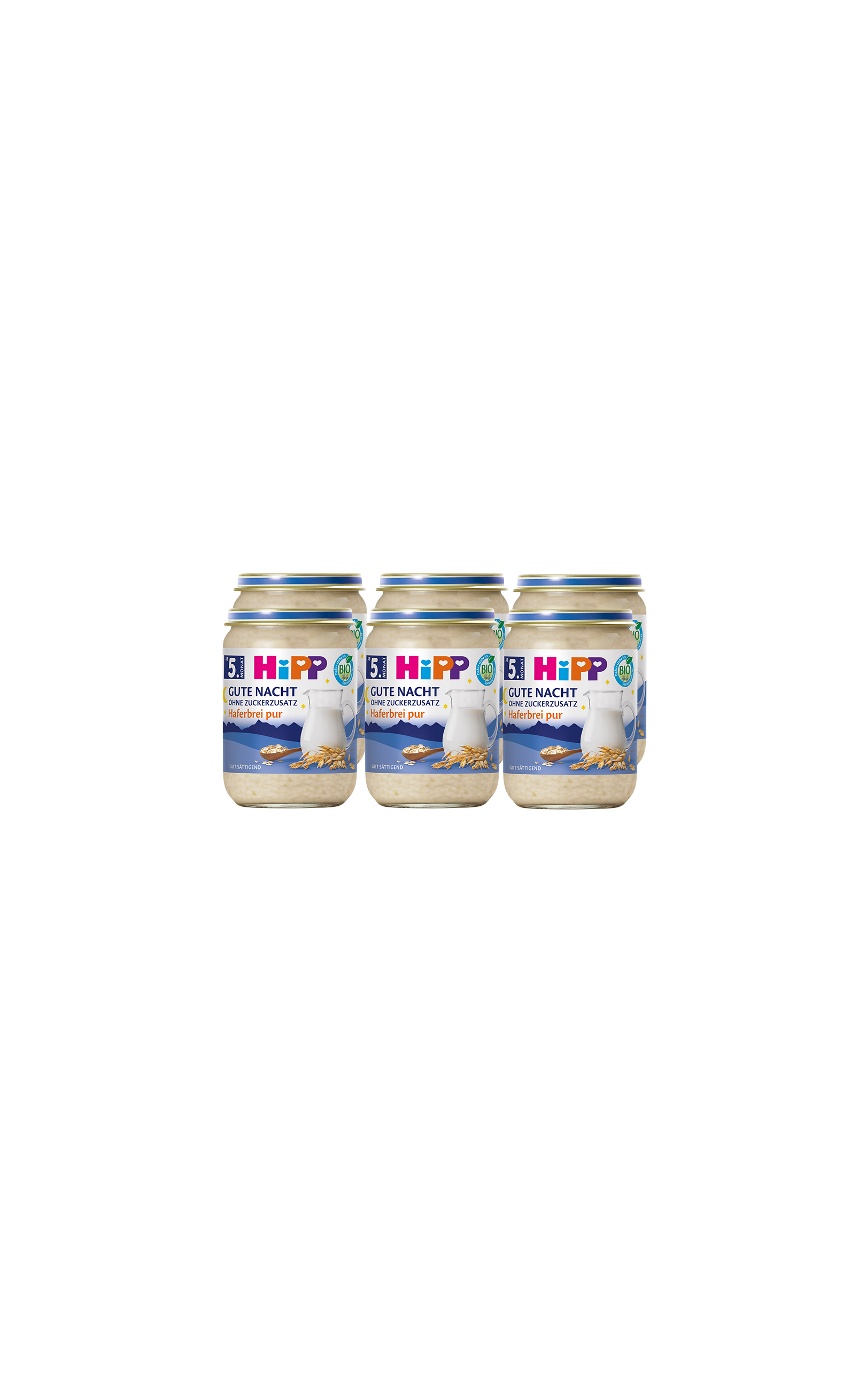 6er-Pack HiPP Gute Nacht Haferbrei pur im 190g-Glas, milder Abendbrei ohne Zuckerzusatz für Babys
