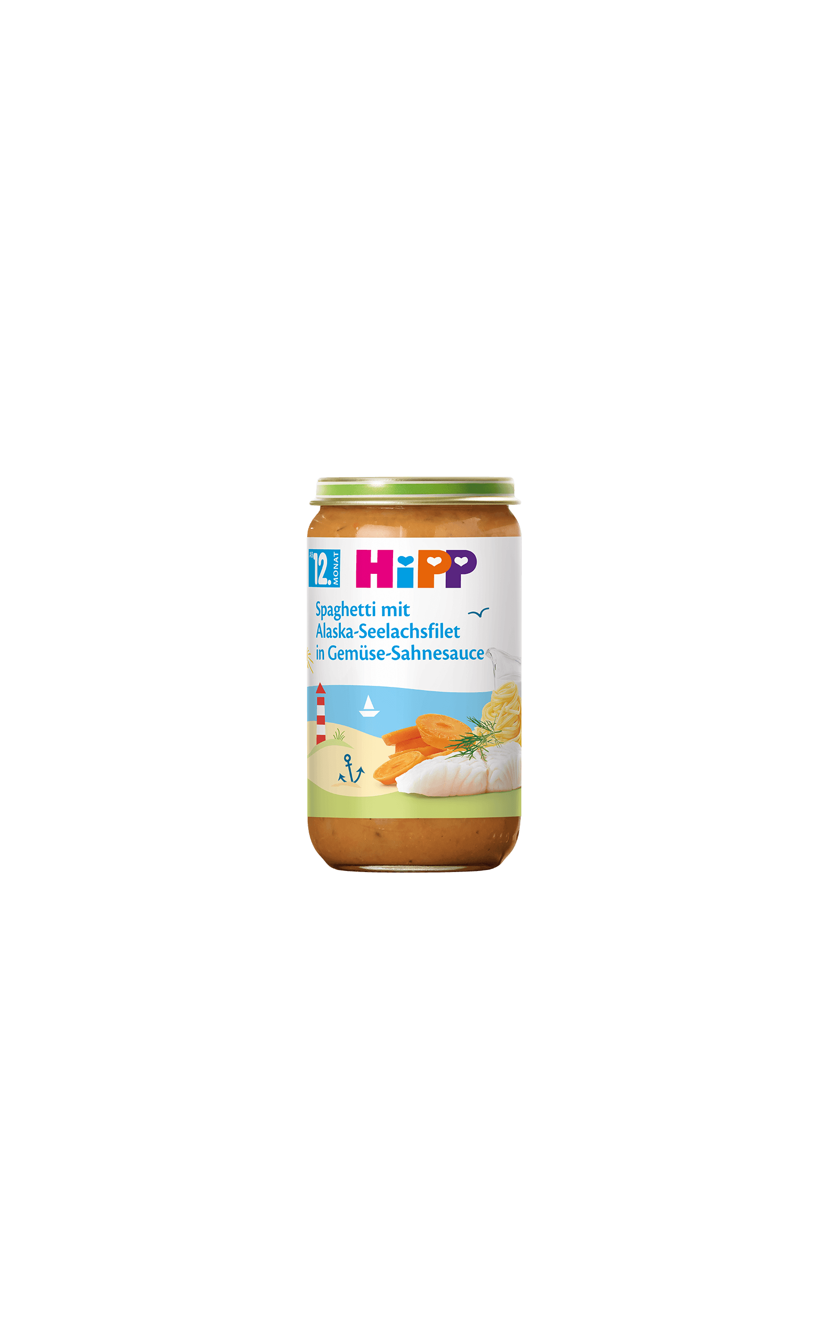 HiPP Bio Babyglas Spaghetti mit Alaska-Seelachsfilet in Gemüse-Sahnesauce ab 12 Monaten, Produktpackung freigestellt