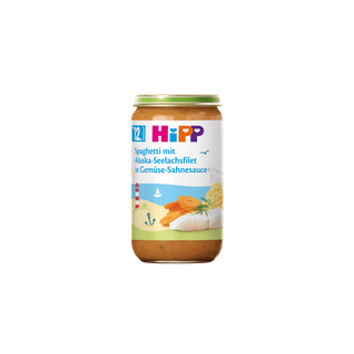 HiPP Bio Babyglas Spaghetti mit Alaska-Seelachsfilet in Gemüse-Sahnesauce ab 12 Monaten, Produktpackung freigestellt