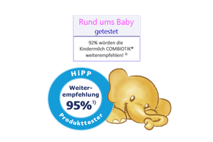 HiPP Siegel mit 95 % Weiterempfehlung durch Produkttester und Hinweis auf Rund ums Baby Test, daneben liegender gelber Elefant