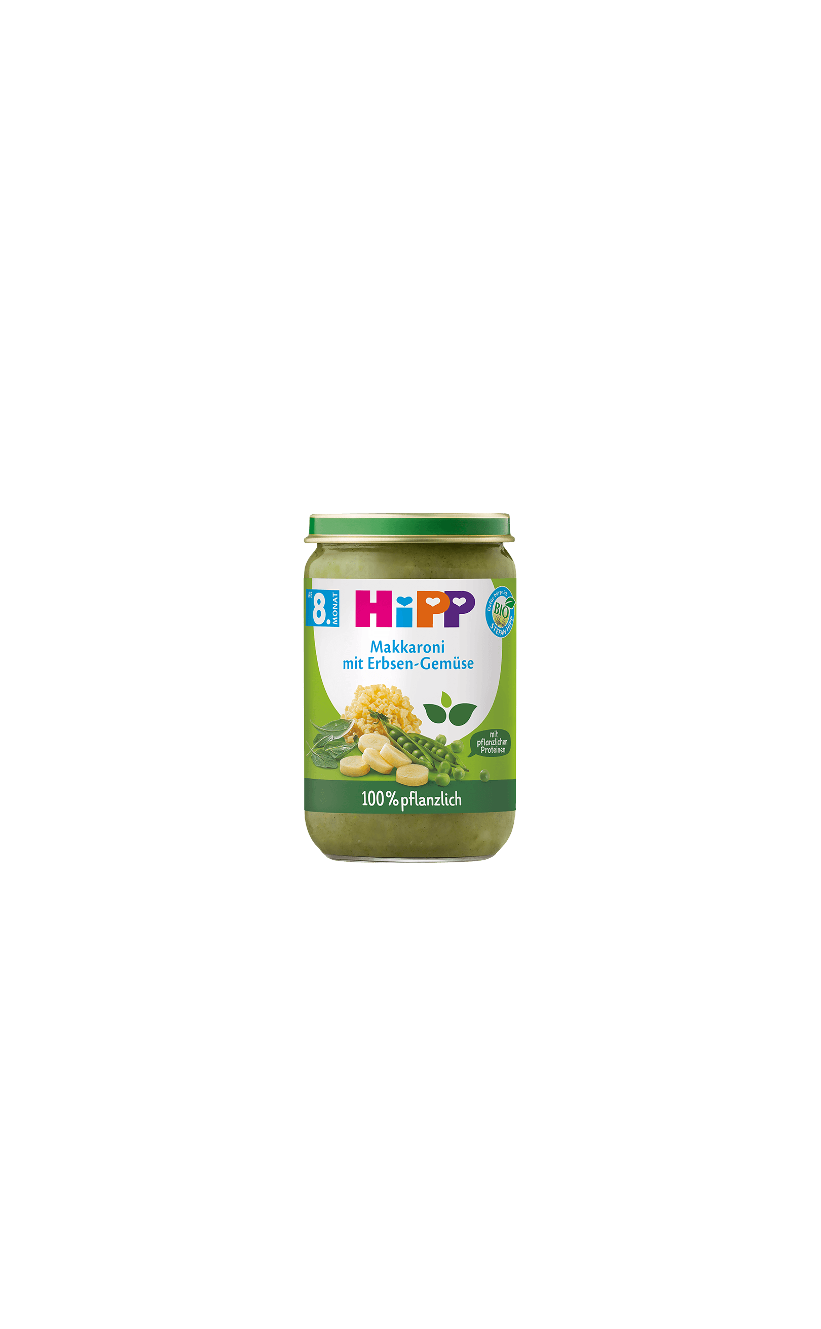 HiPP Bio-Gläschen „Makkaroni mit Erbsen-Gemüse“, 100 % pflanzliche Babykost ab dem 8. Monat auf weißem Hintergrund