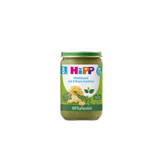 HiPP Bio-Gläschen „Makkaroni mit Erbsen-Gemüse“, 100 % pflanzliche Babykost ab dem 8. Monat auf weißem Hintergrund