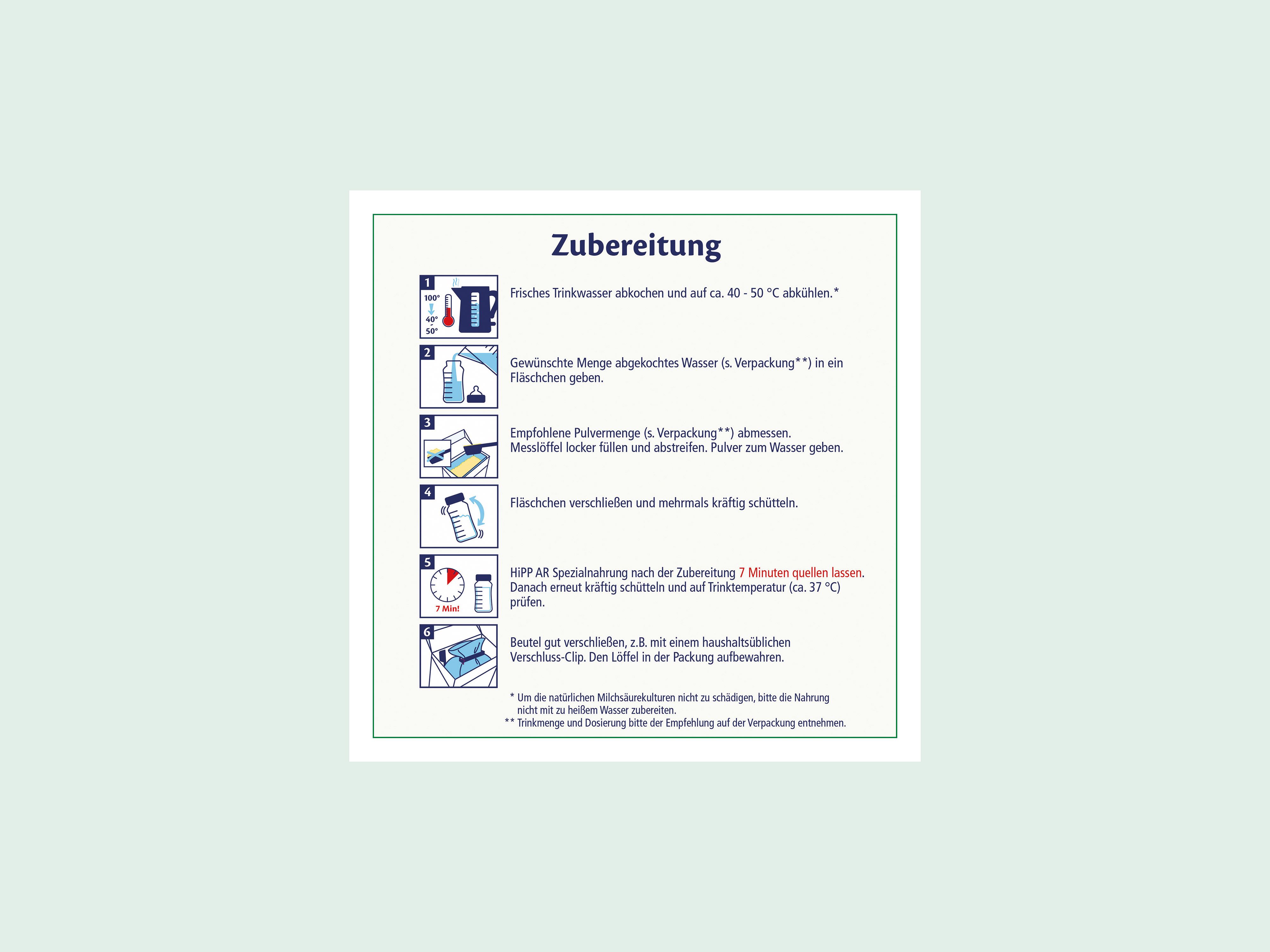 Zubereitungshinweise mit Piktogrammen für das Abkühlen von Trinkwasser, Abmessen und Einfüllen von Pulver, Verschließen und Schütteln der Flasche, Wartezeit von 7 Minuten und Temperaturprüfung.
