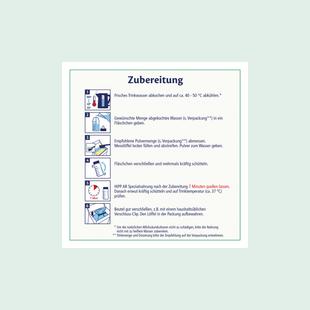 Zubereitungshinweise mit Piktogrammen für das Abkühlen von Trinkwasser, Abmessen und Einfüllen von Pulver, Verschließen und Schütteln der Flasche, Wartezeit von 7 Minuten und Temperaturprüfung.
