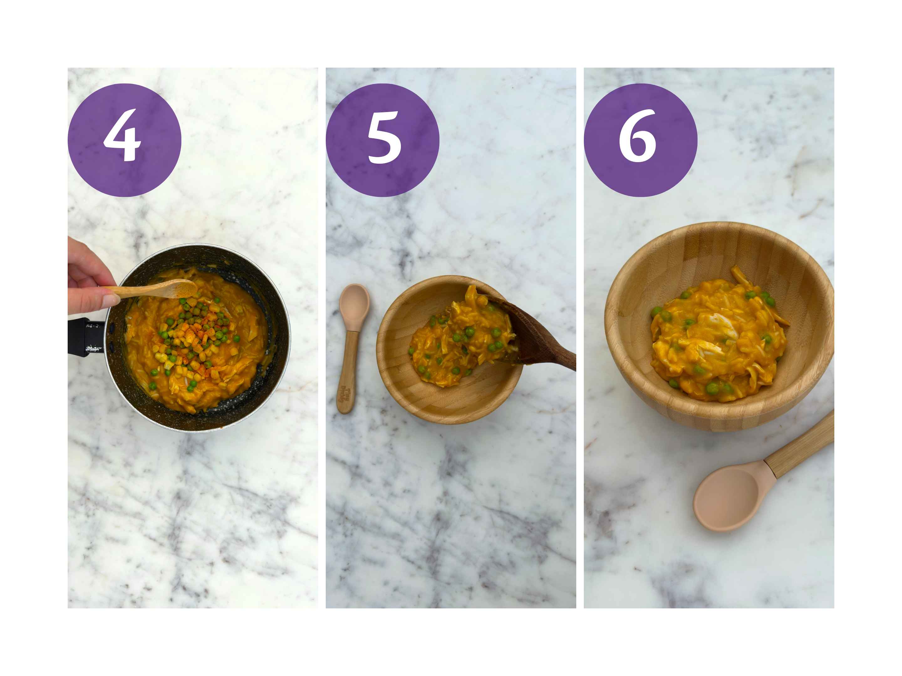 Three-step overhead guide showing baby chicken and veg paella cooked in a pan then served in a small wooden bowl.