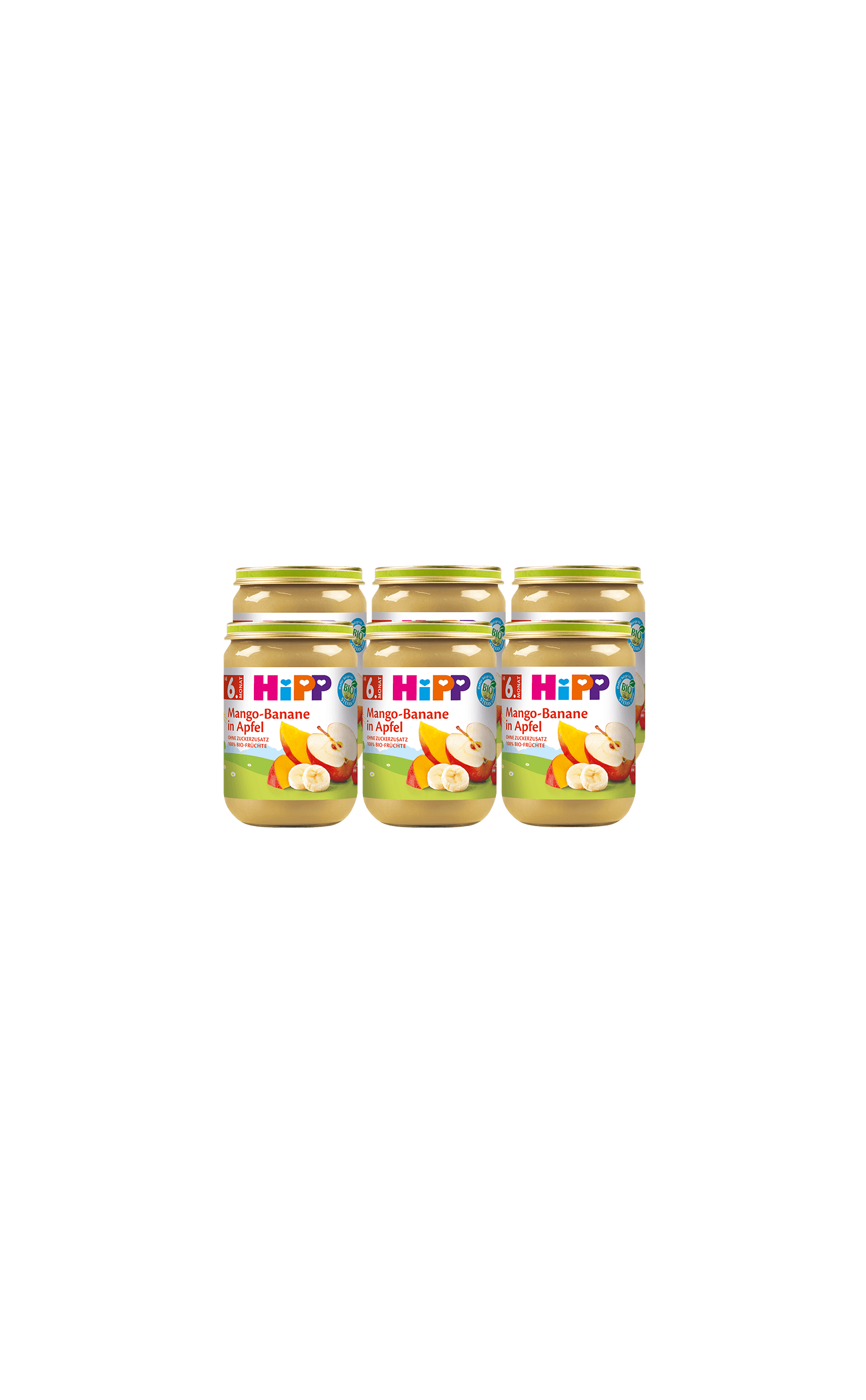 Sechserpack HiPP Bio-Babygläschen Mango-Banane in Apfel, 6×190 g, fruchtige Beikost ab dem 6. Monat