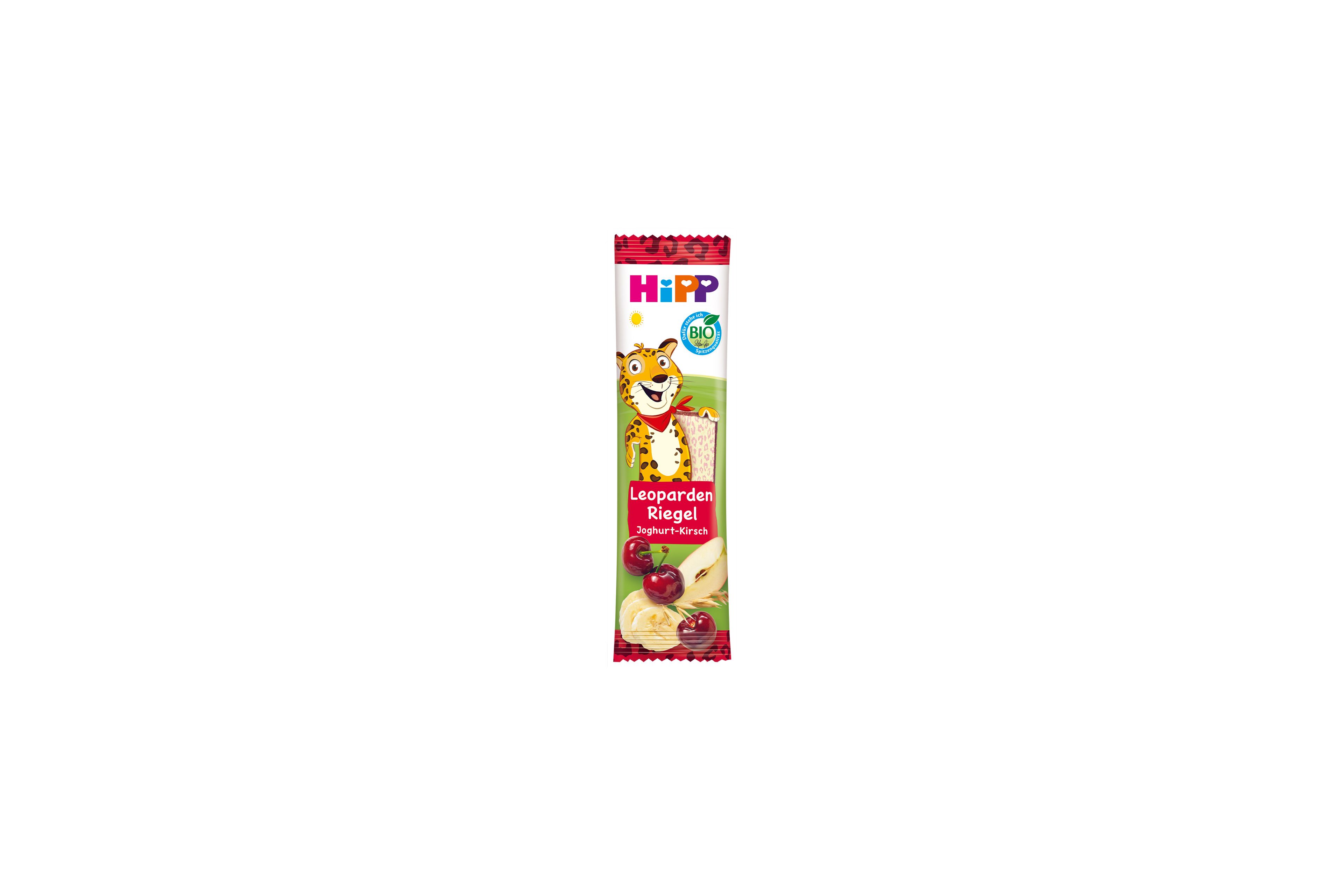 HiPP Leoparden Riegel Joghurt-Kirsch in bunter Kinderverpackung mit Leopard und Früchten auf weißem Hintergrund