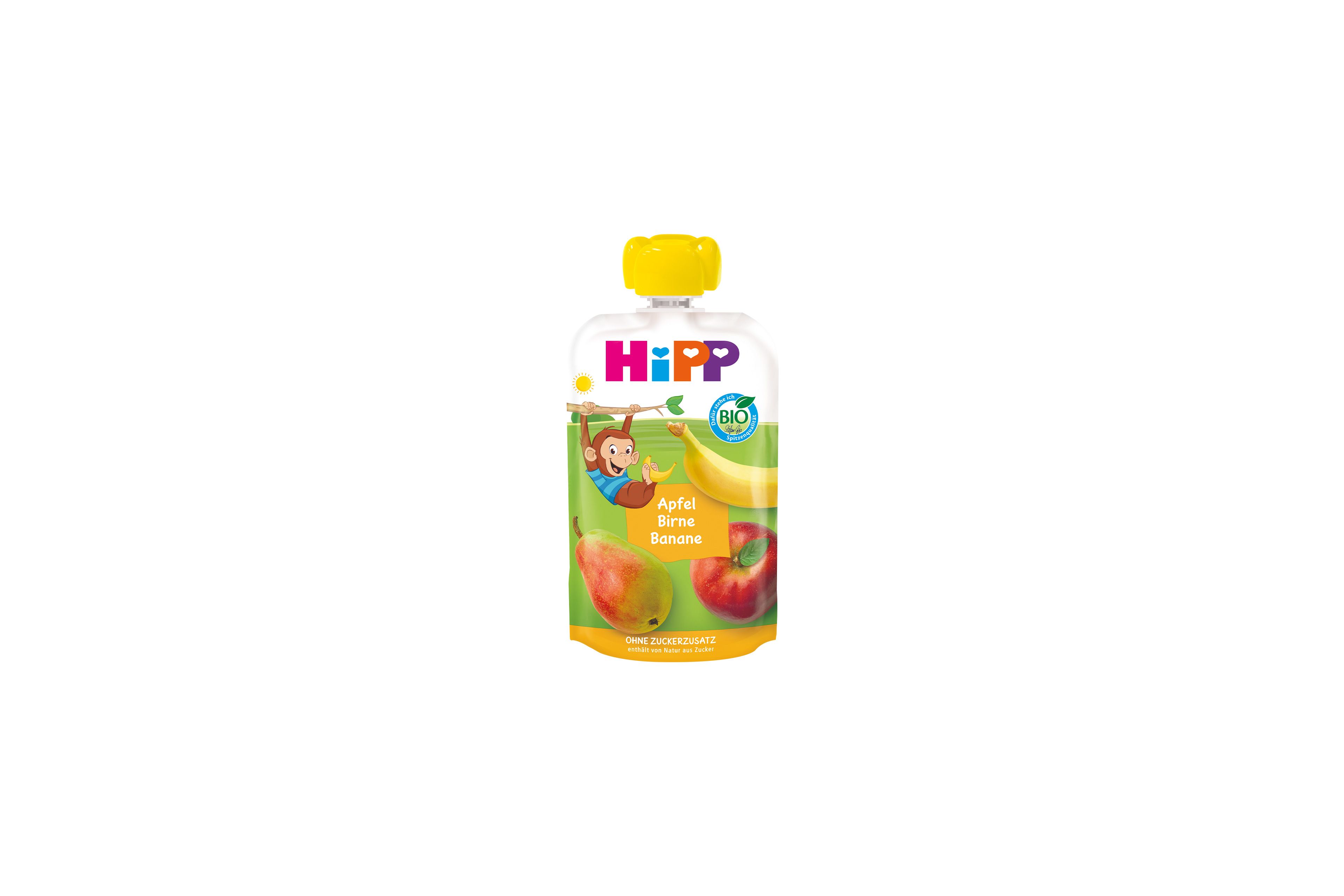HiPP Bio-Quetschbeutel Apfel Birne Banane mit gelbem Deckel und Fruchtmotiven, geeignet als Snack ab 1 Jahr