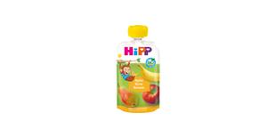 HiPP Bio-Quetschbeutel Apfel Birne Banane mit gelbem Deckel und Fruchtmotiven, geeignet als Snack ab 1 Jahr