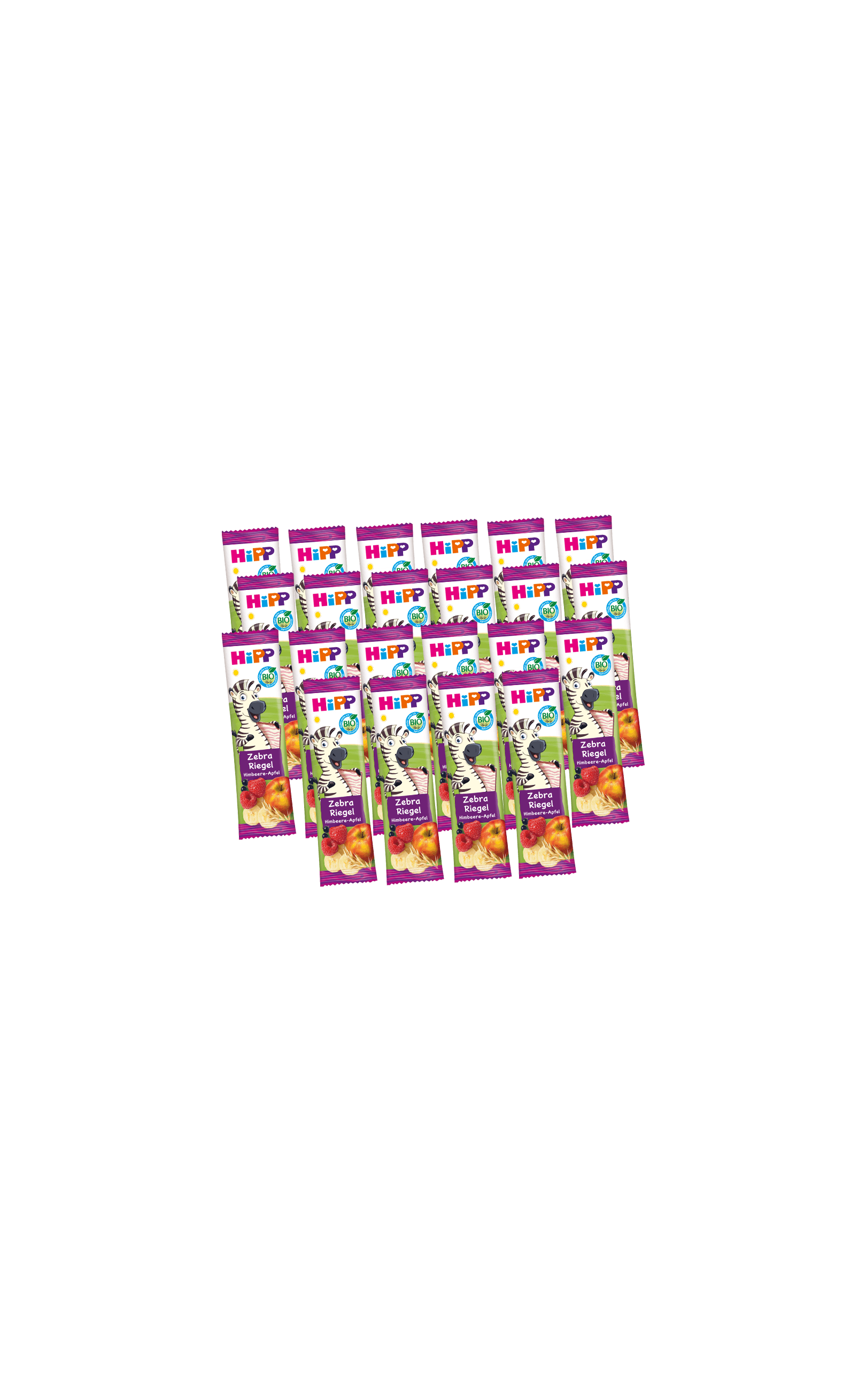 22 HiPP Kinder Zebra-Riegel in bunter Vorratspackung mit Fruchtmotiv auf schwarzem Hintergrund