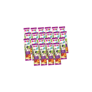 22 HiPP Kinder Zebra-Riegel in bunter Vorratspackung mit Fruchtmotiv auf schwarzem Hintergrund
