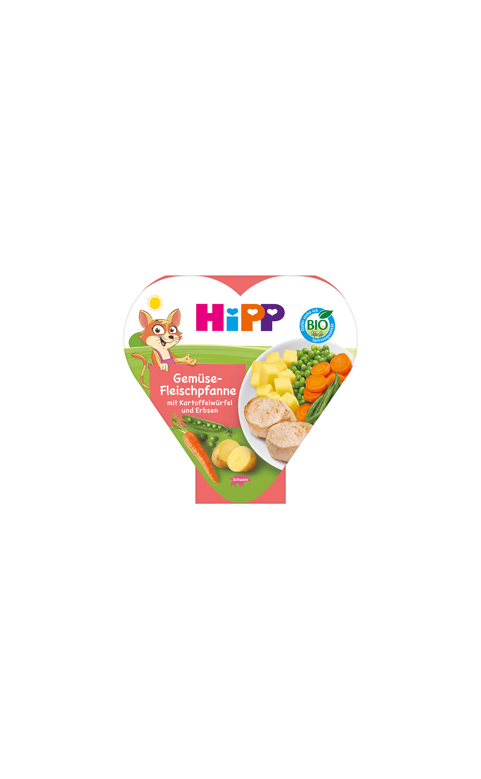 HiPP Bio Herzchen-Schale Gemüse-Fleischpfanne mit Kartoffelwürfeln und Erbsen in bunter Kinderverpackung