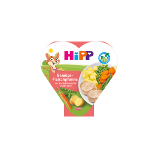 HiPP Bio Herzchen-Schale Gemüse-Fleischpfanne mit Kartoffelwürfeln und Erbsen in bunter Kinderverpackung