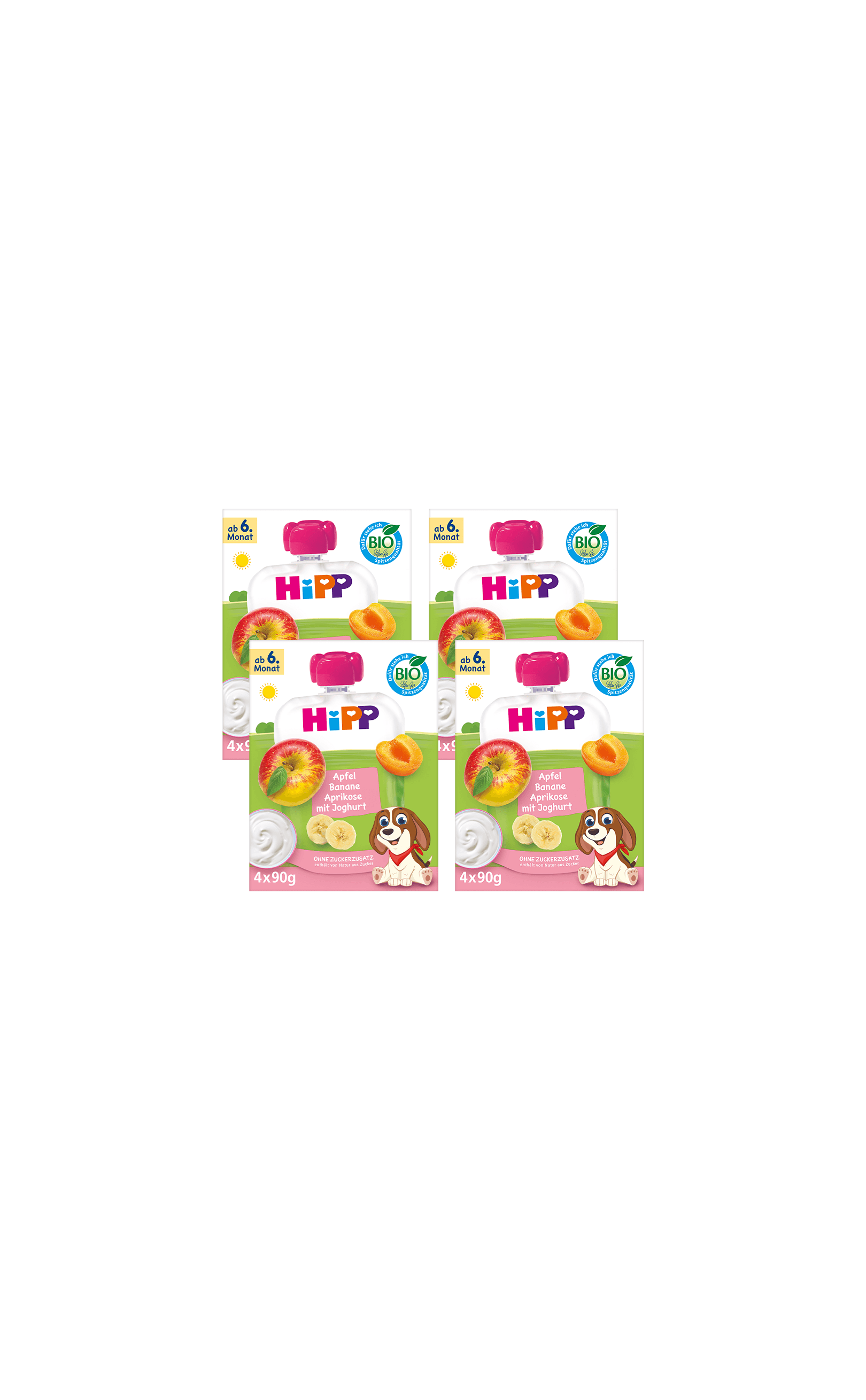 HiPP Bio Quetschbeutel 16x90g, Sorte Apfel Banane Aprikose mit Joghurt, vier Packungen ab 6. Monat auf schwarzem Hintergrund