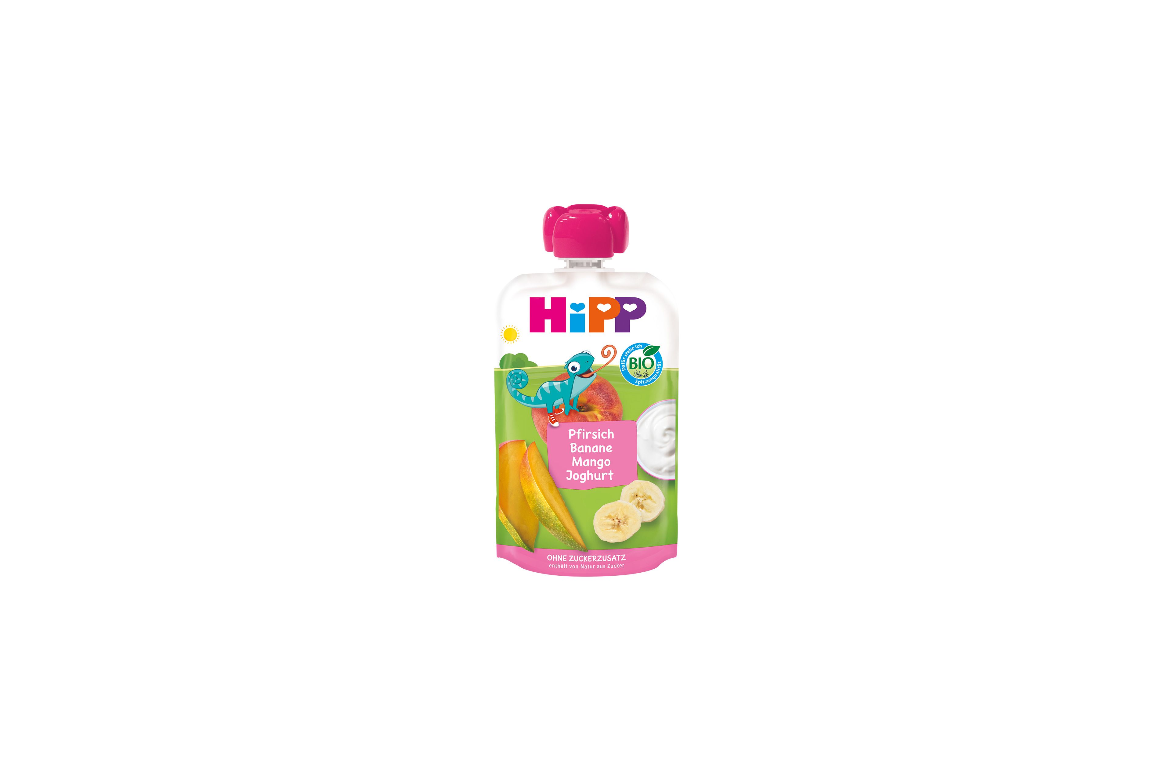 HiPP Bio-Quetschbeutel Pfirsich Banane Mango mit Joghurt für Kinder ab 1 Jahr, bunter Beutel mit Frucht- und Joghurtmotiv