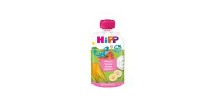 HiPP Bio-Quetschbeutel Pfirsich Banane Mango mit Joghurt für Kinder ab 1 Jahr, bunter Beutel mit Frucht- und Joghurtmotiv