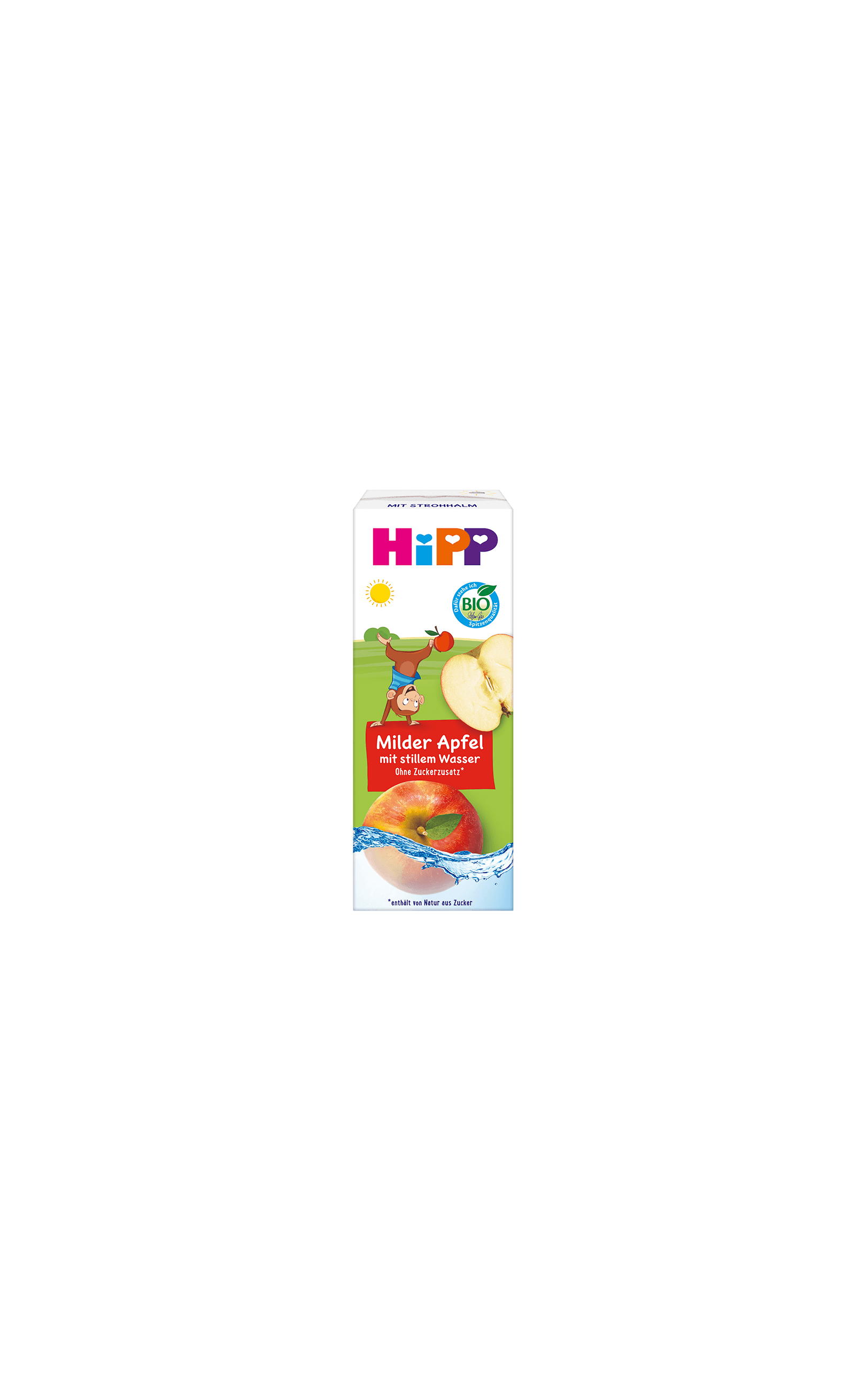 HiPP Kindergetränk „Milder Apfel mit stillem Wasser“ im 200-ml-Tetrapack mit Bio-Logo und Apfelmotiv auf der Vorderseite