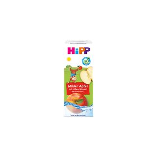 HiPP Kindergetränk „Milder Apfel mit stillem Wasser“ im 200-ml-Tetrapack mit Bio-Logo und Apfelmotiv auf der Vorderseite