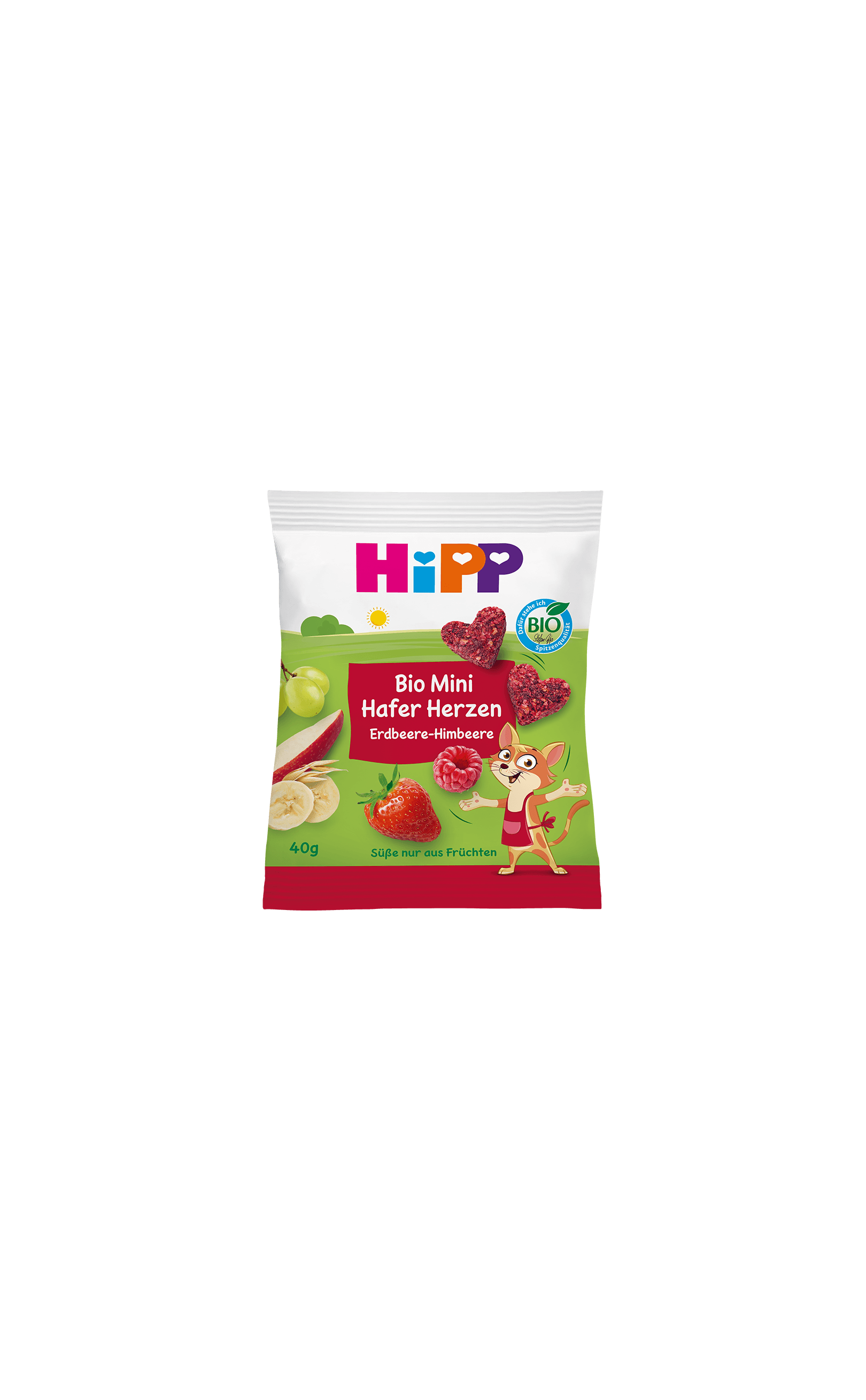 HiPP Bio Mini Hafer Herzen Erdbeere-Himbeere Snackpackung mit Herzriegeln und Obstmotiven auf grün-rotem Hintergrund