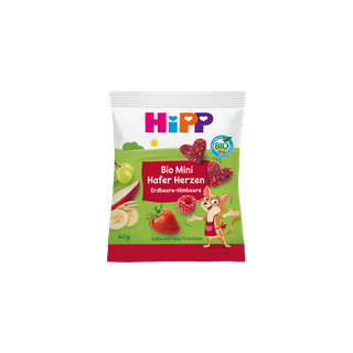 HiPP Bio Mini Hafer Herzen Erdbeere-Himbeere Snackpackung mit Herzriegeln und Obstmotiven auf grün-rotem Hintergrund