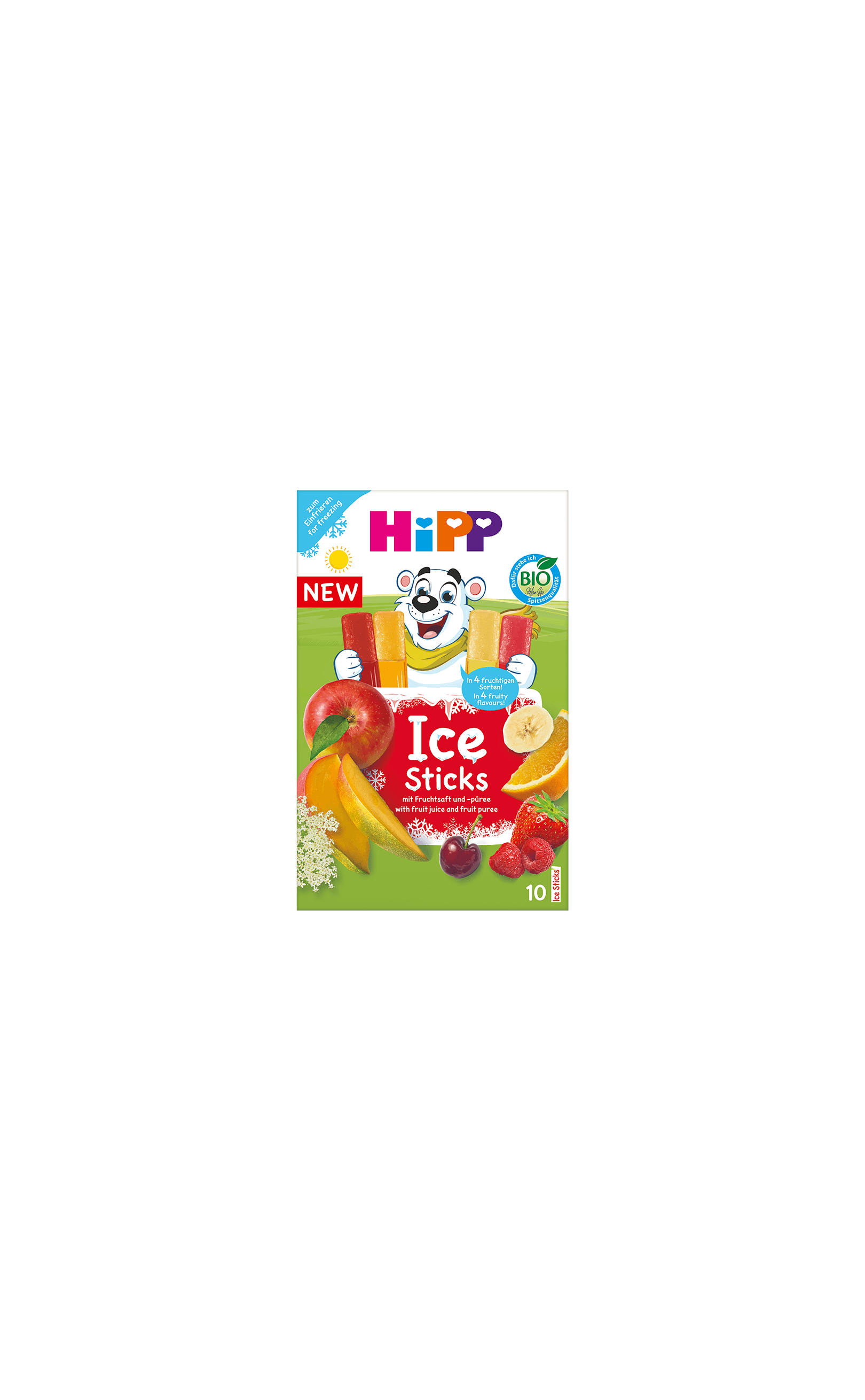 HiPP Ice Sticks Bio-Packung mit Eisbär-Maskottchen und bunten Fruchteis-Sticks in verschiedenen Obstsorten